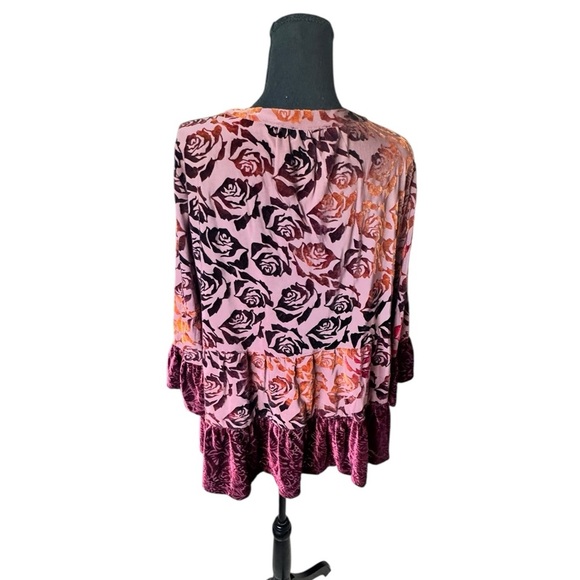 RXB Burnout Velvet Floral Peasant Blouse Boho Romantic Top L H - Picture 4 of 10
